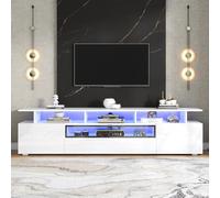 Mueble de TV de alto brillo, armario de TV con 2 armarios y 1 cajón, armario bajo con LED y 10 estantes, armario de salón, apto para televisores de 75 pulgadas, 180 x 38 x 45 cm