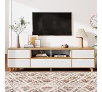 Mueble de TV de color blanco y madera con compartimentos y puertas de estilo rústico natural (175 x 37 x 51 cm)