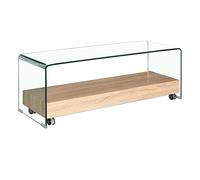 Mueble de TV de cristal transparente, bandeja base enrollable de madera, decoración de roble, diseño moderno, hielo
