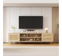 Mueble de TV de ratán color madera de alta calidad de 160 cm para televisores de 70 pulgadas - Gestión de cables, 2 cajones, 1 puerta, mueble de TV, mueble bajo, mueble de sala de estar, aparadores de