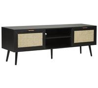 Mueble de TV de ratán frontal de mimbre MDF madera de caucho negro patas 2 vitrinas estantes abiertos sala de estar de estilo boho negro Opoco