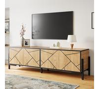 Mueble de TV grande, mueble de TV con 4 puertas, diseño geométrico de contraste, adecuado para televisores de 65 pulgadas, en color madera natural con líneas negras, 153 x 40 x 50 cm (madera natural)