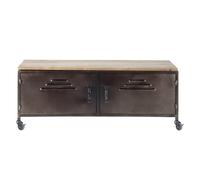 Mueble de TV industrial con ruedas 2 puertas de acero y abeto 115 cm