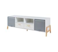 [en.casa] Mueble de TV Kvaefjord con 2 Puertas de Persiana 2 Cajones y 2 Compartimentos Abiertos Pasacables Mueble de Salón con 2 Pasacables Traseros Mesa TV MDF Bambú 160x40x52cm - Blanco Gris