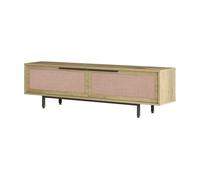 [en.casa] Mueble de TV Kvænangen 2 Puertas Abatibles Mesa TV para Sala Dormitorio 2 Compartimentos para DVD Dispositivos Aglomerado/Metal 160x36x45 cm - Efecto Roble y Ratán