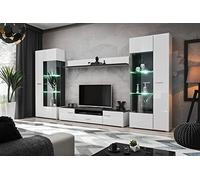 Mueble de TV LED blanco brillante para sala de estar, moderno diseño LED de 4 puntos, mueble alto con estante flotante 340 x 190 x 40 cm