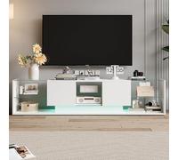 Mueble de TV LED, mueble de TV blanco brillante, armario de TV con 2 cajones, estantes abiertos de cristal, mueble tele, mesa moderna para sala de estar o dormitorio, 200x35x45 cm, blanco