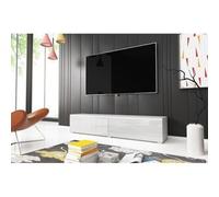 Mueble de TV moderno 140 cm para salón - 2 puertas sin tiradores, cuerpo blanco mate / frentes blanco brillo, de pie o colgante