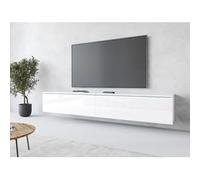 Mueble de TV moderno 180 cm para salón - 2 puertas, sin tiradores, mate + brillo, para colocar o colgar, blanco / blanco brillo