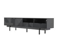 Mueble de TV moderno con diseño abstracto de líneas geométricas, 200 cm de ancho, espacio de almacenamiento para televisores de 90 pulgadas, material de aglomerado negro, 5 patas de metal y gestión de