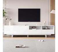 Mueble de TV moderno de diseño bohemio con patrón geométrico de líneas - 200 cm de ancho para televisores de hasta 90 pulgadas, minimalismo blanco con espacio de almacenamiento y gestión de cables