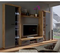 Mueble de TV moderno gris/roble 300 x 190 x 40 cm, centro de entretenimiento con estante flotante y diseño elegante