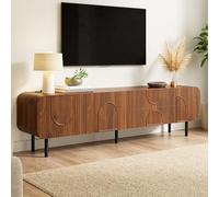 Mueble de TV, mueble de TV con 3 puertas, 2 cajones, ranuras verticales, relieves arqueados, esquinas redondeadas, patas de metal, estilo mediados de siglo, pasacables para salón, mesa de televisión