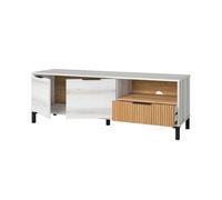 Mueble de tv tokio estilo nórdico en color blanco albo y roble rayado con 2 puertas 1 cajón 136 cm 48 cm