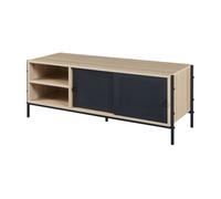 [en.casa] Mueble de TV Tysnes con 2 Compartimentos Abiertos y un Compartimento con 2 Puertas Correderas Mesa de Tele para Salón Aglomerado Metal 120 x 40 x 45 cm - Efecto Roble/Negro