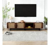 Mueble en V, mueble bajo con textura tallada, muebles de TV con barra de luz LED y puerta de vidrio templado.