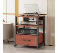 Mueble estéreo cajón almacenamiento,estantes regulables,rack audio metálico | Marco metálico, cajón almacenamiento, estantes regulables, refrigeración abierta(Teak,69.5cm/27.4in)