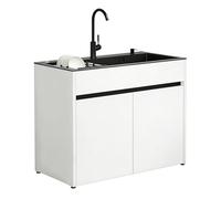 Mueble Fregadero con Cubeta de Acero Inoxidable Negro para Lavadero y Garaje, armario de almacenamiento de aluminio de panel de abeja con grifo, dispensador de jabón y cesta extraíble, ajustable