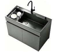 Mueble Fregadero un Seno para Exterior y Jardín Fregadero Freistehend de Acero Inox Negro Cepillado con Grifo de Agua Fría y Caliente, Estructura de Aluminio Alveolar para Garaje, Taller o Patio