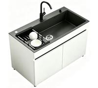 Mueble Fregadero un Seno para Exterior y Jardín Fregadero Freistehend de Acero Inox Negro Cepillado con Grifo de Agua Fría y Caliente, Estructura de Aluminio Alveolar para Garaje, Taller o Patio