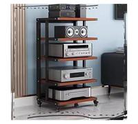 Mueble HiFi, Mueble Equipo Hifi, Gabinete de video, soporte multimedia con rueda de freno, estante estéreo, gabinete for componentes de consola de juegos(Black+teak,5 Tier-96cm tall)