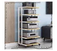 Mueble HiFi, Mueble Equipo Hifi, Gabinete de video, soporte multimedia con rueda de freno, estante estéreo, gabinete for componentes de consola de juegos(White+walnut,6 Tier-116cm tall)