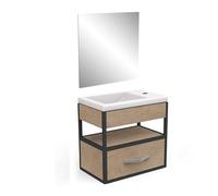 Mueble Lavabo con Espejo y 1 cajón de Madera ecológico - Color Roble Hamilton y Acabados Negros - Baño Gama Line - 25 x 27 x 40, 3 cm
