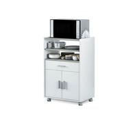 Habitdesign - Mueble Microondas con Ruedas, Carro Auxiliar de Cocina 2 Puertas 1 Cajón - Armario Compacto para Almacenaje - Blanco Artik y Cemento - 59x92x40 cm (AnchoxAltoxFondo) - Modelo Tidy