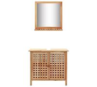 Mueble para Lavabo con Espejo de Madera Maciza de Nogal, Juego de Mesita de Noche y Espejo de Ratán, Mueble de Baño de Dos Puertas, Compartimento de Almacenamiento Grande,