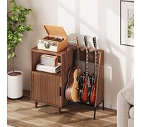 Mueble para Tocadiscos y Vinilos de Madera - Armario para Tocadiscos y Vinilos, Mueble Hi-Fi Vintage Mid-Century con Soporte para 3 Guitarras, Estantería Guarda Discos para Salón y Dormitorio