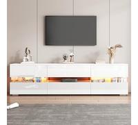 Mueble para TV moderno blanco brillante de 160 x 39 x 45 cm, con iluminación LED, 2 puertas, 1 cajón, compartimento abierto, apto para televisores de 70 pulgadas, con inserto de cristal acrílico y