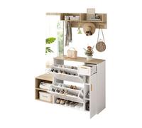 Mueble recibidor de panel de partículas con zapatero y espejo,natural+blanco