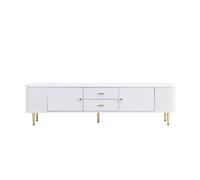 Mueble tv 160 cm - con cajones, esquinas curvadas, diseño ondulado en los laterales, asas y patas doradas - blanco