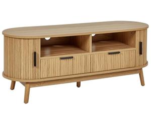 Mueble TV 2 cajones con 2 Puertas correderas 2 estantes MDF Patas de Madera Maciza Madera Clara Selah