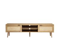 Mueble TV acabado en madera clara, rejilla de ratán y metal negro 2 puertas L180 cm MANILLE