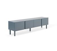 Mueble tv azul con cantos redondos en las esquinas de puertas