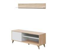 Habitdesign Modulo TV con Estante, Mueble de Salon, Juego de Muebles, Modelo Kikua Plus, Acabado en Blanco Artik y Roble Canadian, Medidas: 135 cm (Ancho) x 50 cm (Alto) 40 cm (Fondo)