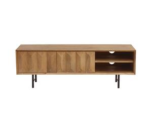 Mueble TV de madera clara de mango macizo con grabado y metal negro 120 cm AGRA