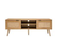 Mueble TV de madera clara, mimbre y metal negro con 2 puertas 140 cm MANILLE