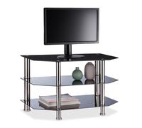 relaxdays Mueble TV, Negro y Plateado 3 Repisas de Cristal Templado, Vidrio y Acero Inoxidable, 49 x 80 x 45 cm