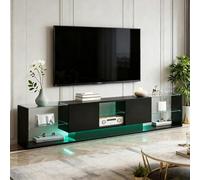Mueble TV negro con luces LED, moderno mueble de TV de 200 cm con 2 cajones y estantes de cristal, mesa Tele banco TV para salón o dormitorio (negro, 200 x 35 x 45 cm)