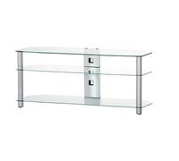 Mueble TV NEO-3110-TG - Mesa para Televisión 110 cm con Ruedas, 3 Estantes de Vidrio Templado, Estructura de Aluminio Gris, Soporta hasta 50 kg