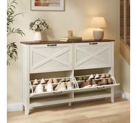VASAGLE LIRY Colección - Mueble Zapatero, con 4 Cajones Abatibles, Zapatero Estrecho Independiente para Entrada, Estilo Rústico, para 20 a 24 Pares, Blanco Rústico y Marrón Miel HSC401W101