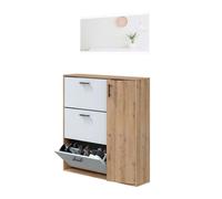 Mueble zapatero con espejo, armario zapatero hasta 24 pares, 4 puertas roble nodi y blanco artik 105x112x24 cm