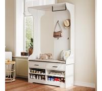 Mueble Zapatero Recibidor, Perchero con Banco para recibidor Zapatero Perchero EntradaRecibidor con Ganchos Espejo y Cajones 180x35x104 cm ArmarioZapatero de Madera Armario Independiente (F Blanco)
