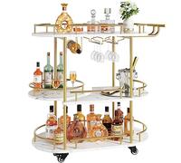 Muebles de Bar,Carros de Vino,Estante de Botellas de 3 Niveles, Ovalado, Base Blanca,Carro de deesert Estructura de Metal Dorado, construcción de gres porcelánico y Metal, Dimensiones 94 × 87 × 40 cm