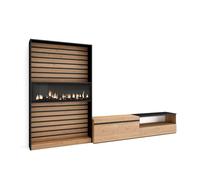 Muebles de salón para tv, conjunto de muebles comedor, 210x35x186cm, para tv hasta 80", chimenea eléctrica, estilo moderno, roble y negro