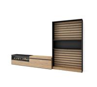 Muebles de salón para tv, conjunto de muebles comedor, 210x35x186cm, para tv hasta 80", chimenea eléctrica, estilo moderno, roble y negro