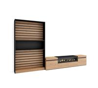 Muebles de salón para tv, conjunto de muebles comedor, 210x35x186cm, para tv hasta 80", chimenea eléctrica, estilo moderno, roble y negro