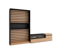 Muebles de salón para tv, conjunto de muebles comedor, 260x35x186cm, para tv hasta 65", chimenea eléctrica, estilo moderno, roble y negro